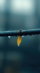 Autumn Scene: Yellow Leaf Clings to Wet Surface with Water Droplets and Natural Background.