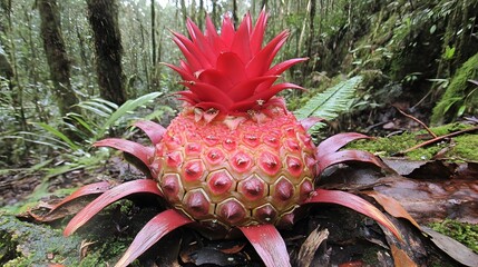 Vibrant Red Bromeliad Pineapple in Lush Rainforest Setting