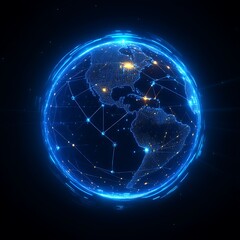 Global network glowing earth in dark space