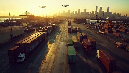 Aerial View of Cargo Trucks and Containers at Sunset in a City Port