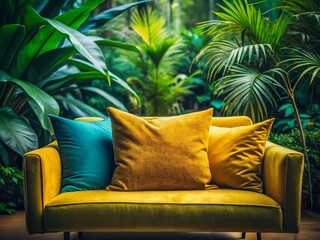 Fototapeta premium Vibrant Yellow Cushion Teal Couch Lush Green Plant Surreal Photography
