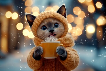 Animal welfare. Happy cute baby cat burmese in winter warm clothes, holding warm drink with rising steam in paws. Entertaining pets. Cozy pet blanket. Warm cat shelter. Kitten winter hood.