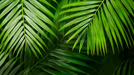 Fototapeta premium Close Up Of Green Palm Fronds With Detailed Veins Creating A Natural Background Texture Under Bright Sunlight
