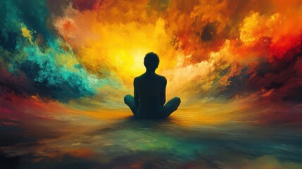 Obraz premium Inner Peace: A Serene Moment of Meditation Amidst a Vibrant, Dreamlike Landscape