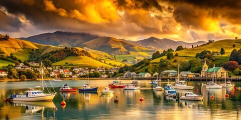 Vintage Akaroa Harbor, South Island New Zealand: Charming Coastal Town Scenery