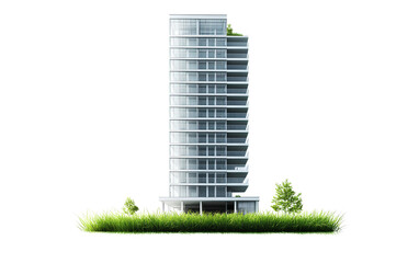 A modern high-rise building, with green grass in front of it, set against a white background with a transparent background
