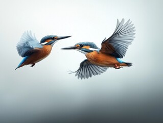 Obraz premium Two Kingfisher Birds in Flight Against Neutral Background Illustrating Grace and Freedom