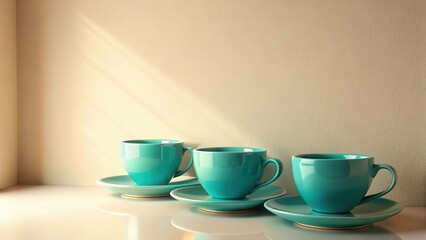 Fototapeta premium Three Teal Teacups Basking in Sunlight's Gentle Embrace on a Smooth Surface