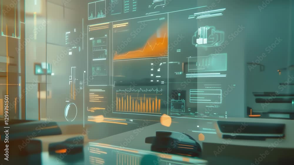 Poster transparent holographic display revealing complex data analysis within advanced technological contro