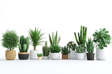 Obraz premium A 3D image of a collection of houseplants such as cacti and spider plants in pots, isolated on a crisp white background, giving a clean and modern feel.