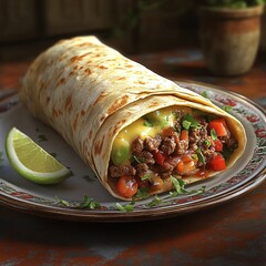 Beef Burrito With Cheese, Tomatoes, and Cilantro on a Plate With A Lime Wedge
