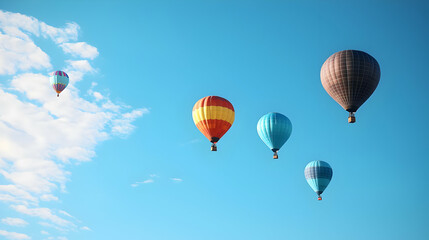 Naklejka premium Colorful Hot Air Balloons Floating Against A Bright Blue Sky With White Clouds