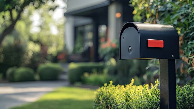 A black mailbox with a red flag, slightly open, in front of a home with a neatly maintained front yard.