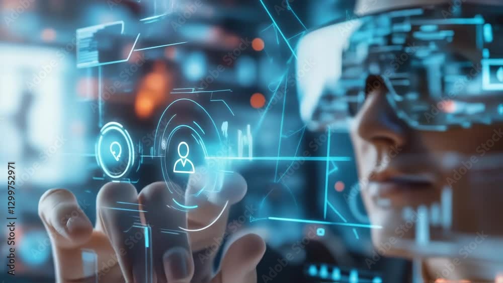 Poster software engineer interacting with holographic interface using augmented reality glasses, managing u