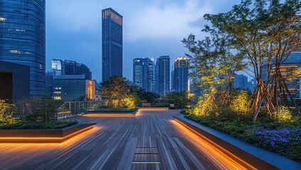 Obraz premium Elevated City Park at Dusk: A Tranquil Rooftop Garden with City Skyline