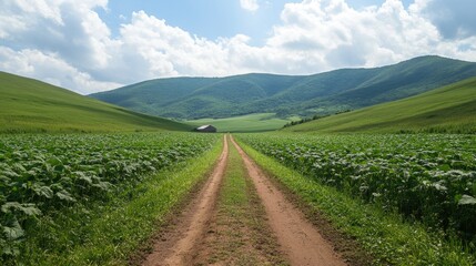 A dirt road dividing two massive potato fields, leading toward a distant farmhouse.
