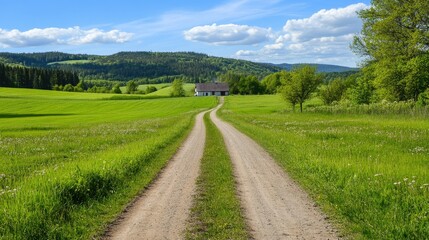 Fototapeta premium A dirt road dividing two massive potato fields, leading toward a distant farmhouse.