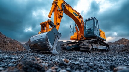 Powerful excavator on construction site, digging, cloudy sky.