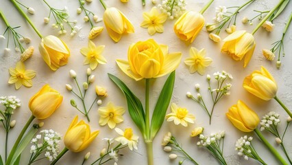Fototapeta premium A vibrant arrangement of yellow tulips and daffodils, complemented by delicate white wildflowers, creating a cheerful spring floral composition