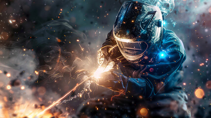 a professional welder actively welding metal, sparks flying in all directions.