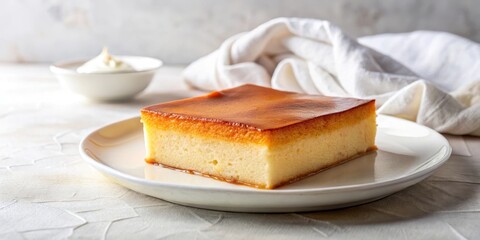 A delectable slice of creamy caramel custard, served on a pristine white plate, accompanied by a small bowl of whipped cream, rests on a subtly textured surface, creating an inviting culinary scene.