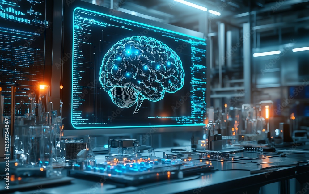 Aufkleber wide banner hologram showcasing an artificial intelligence brain in a factory lab