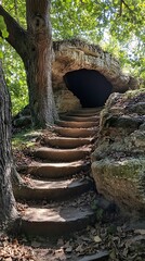A stone stairway leads to a cave surrounded by trees