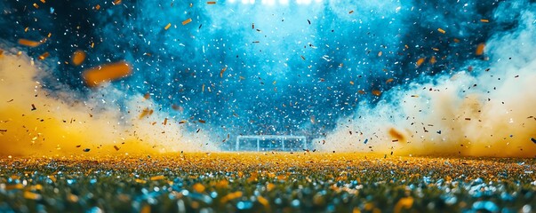 Victory celebration at an evening soccer field, confetti and tinsel falling, yellowtoned smoke swirling in blue and yellow background, wideangle view of the championship win