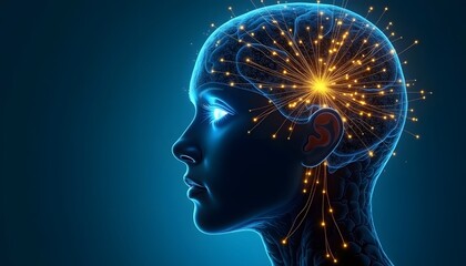 Obraz premium Side view of a humanoid head with blue and yellow eyes and vibrant neon neural network, representing futuristic technology and artificial intelligence. 