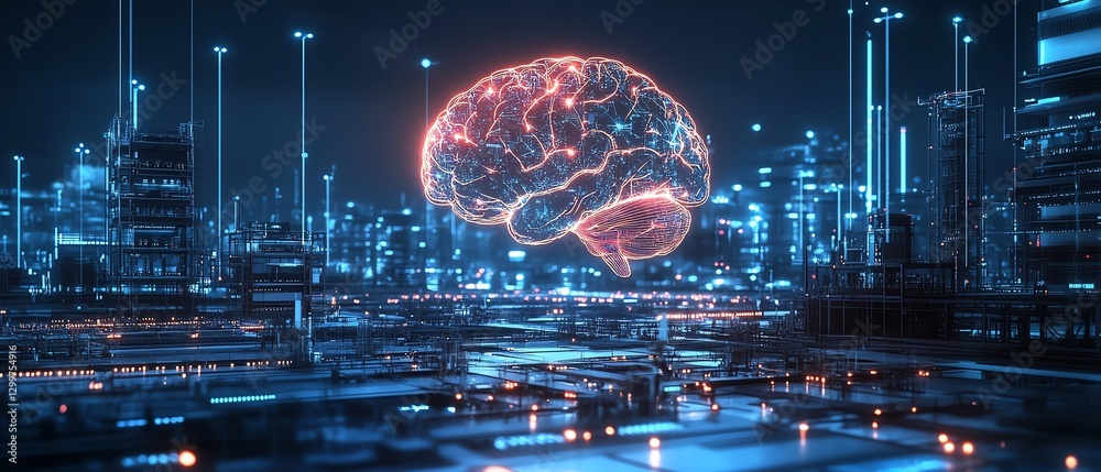 Poster AI brain displayed in a futuristic factory lab