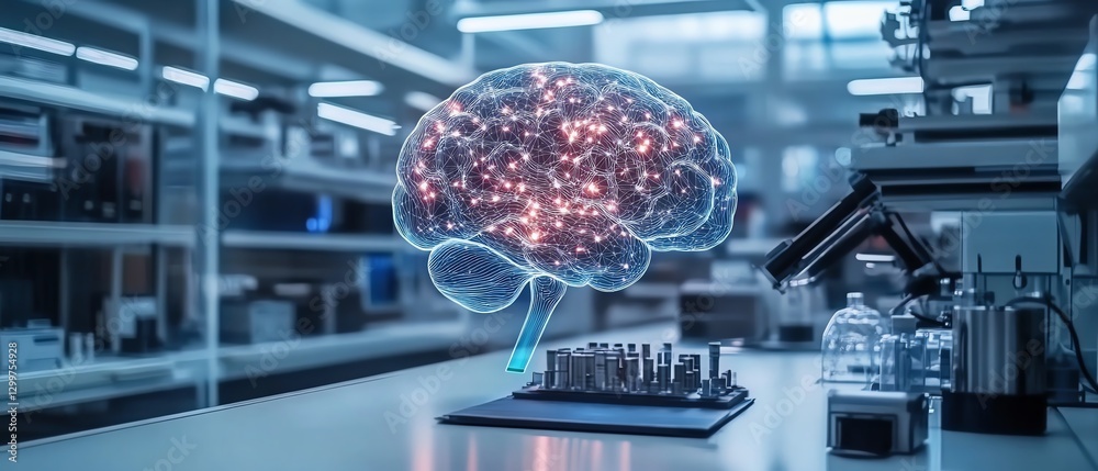 Poster AI brain displayed in a futuristic factory lab