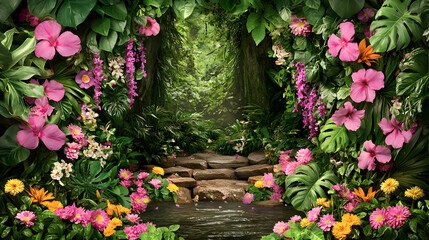 Fototapeta premium Vibrant Pink And Green Tropical Flowers Frame Lush Jungle Path