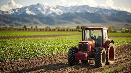 Obraz premium A lone tractor parked beside a vast potato field, showcasing the hard work of planting season.