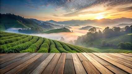 Fototapeta premium Serene Sunrise Over Rolling Green Hills and Misty Valleys, Viewed from a Rustic Wooden Deck