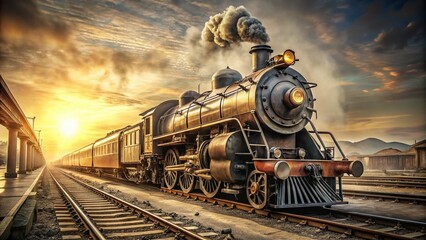 Fototapeta premium Vintage Indian Train Journey: Steam Locomotive & Passengers