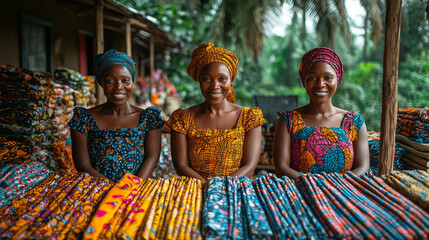 Naklejka premium African Women Entrepreneurs Selling Vibrant Fabrics in Market