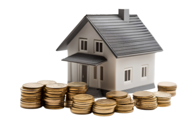A simple house model next to coins, transparent background PNG file, PNG format