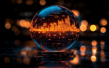 Investor prediction and market forecasting depicted in a crystal globe, with glowing candlestick charts and stock trends, symbolizing future investments and financial analysis