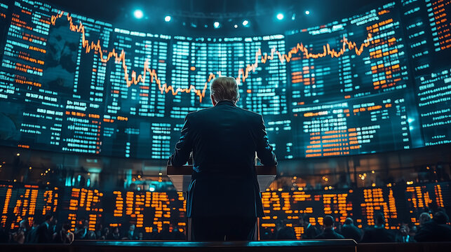 investor standing in front of big screen stock market with up and down volatile - Powered by Adobe
