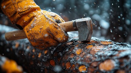 Close-up of gloved hand using hatchet to split snowy log.