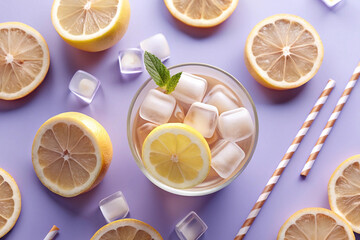 Iced tea with lemon slices and mint in glass on purple background.