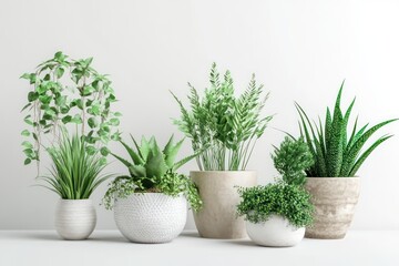 Fototapeta premium A beautiful 3D depiction of several popular houseplants, including ivy and aloe vera, placed in stylish pots against a white, neutral background.