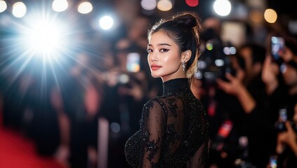 Glamorous Woman in Black Sequin Gown at Night Event