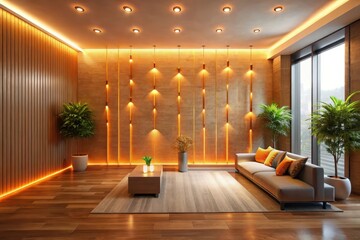 Warm, inviting lounge space with contemporary design elements, featuring a sophisticated neutral color palette and ambient lighting