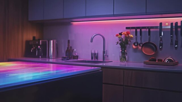 Luxurious kitchen countertop featuring integrated led lighting shifting through rainbow hues, delivering futuristic aesthetic and innovative smart home design with vibrant illumination