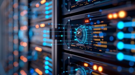 Obraz premium A sleek modern digital technology concept featuring a futuristic interface with glowing blue holographic data displays, interconnected AI-driven networks, and advanced touch-sensitive controls