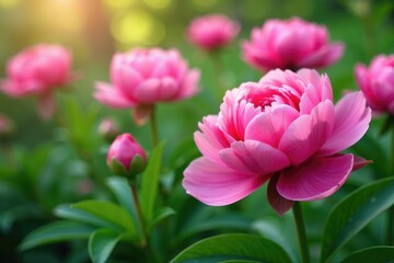 Naklejka premium Pink peonies in full bloom with subtle greenery surrounding them, spring blossoms, greenery
