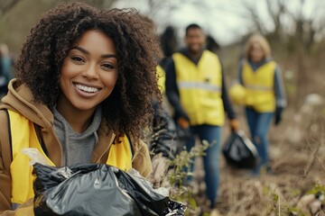Smiling Woman Volunteer in a Group Cleanup Effort