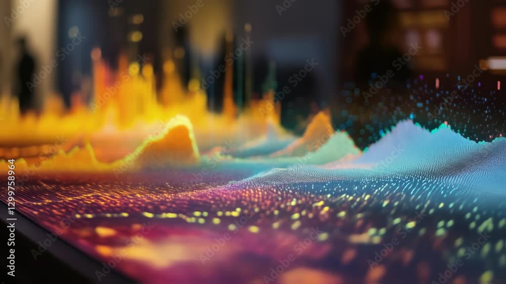 Aufkleber colorful particle landscape evolving on a large interactive touchscreen, showcasing data analysis an