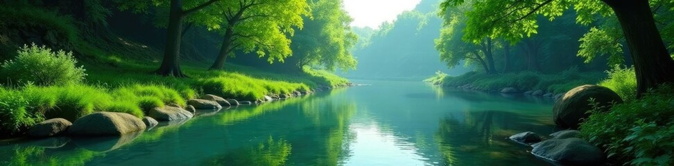 Lush green foliage surrounds serene river landscape with gentle ripples, water, nature, planet